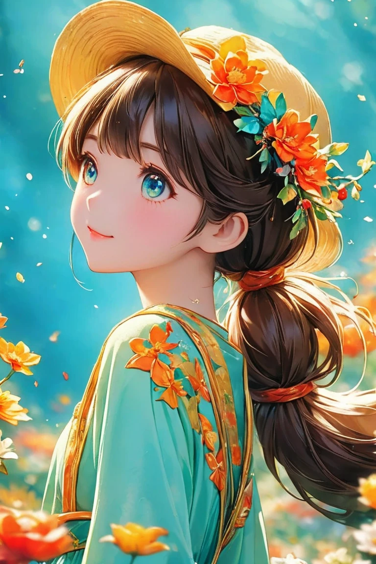 an animated character. a cute face girl, in the fantasy town, warm tone color , colourful long ponytail hair, mythology clothing , gorgeous hat, flowers vine, wise colorful eyes, fantsy sky, full of flowers, shining star, Happy face feeling, wonderland mood and tone.