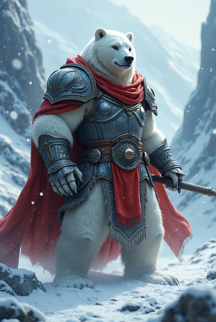 a picture of an an anthro white bear warrior, armed with an spear (intense details, Masterpiece, best quality: 1.5), wearing heavy armor (intense details, Masterpiece, best quality: 1.5), rich white fur, wearing  red cloak, billowing red cloak, arctic background, heavy snow (intense details, Masterpiece, best quality: 1.5), high details, best quality, 8k, [ultra detailed], masterpiece, best quality, (extremely detailed), ultra wide shot, photorealistic, RAW, 3D rendering, fantasy art, dnd art, fantasy art, realistic art, octane rendering, an ultra wide angle