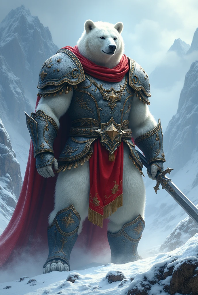 a picture of an an anthro white bear warrior, armed with an spear (intense details, Masterpiece, best quality: 1.5), wearing heavy armor (intense details, Masterpiece, best quality: 1.5), rich white fur, wearing  red cloak, billowing red cloak, arctic background, heavy snow (intense details, Masterpiece, best quality: 1.5), high details, best quality, 8k, [ultra detailed], masterpiece, best quality, (extremely detailed), ultra wide shot, photorealistic, RAW, 3D rendering, fantasy art, dnd art, fantasy art, realistic art, octane rendering, an ultra wide angle