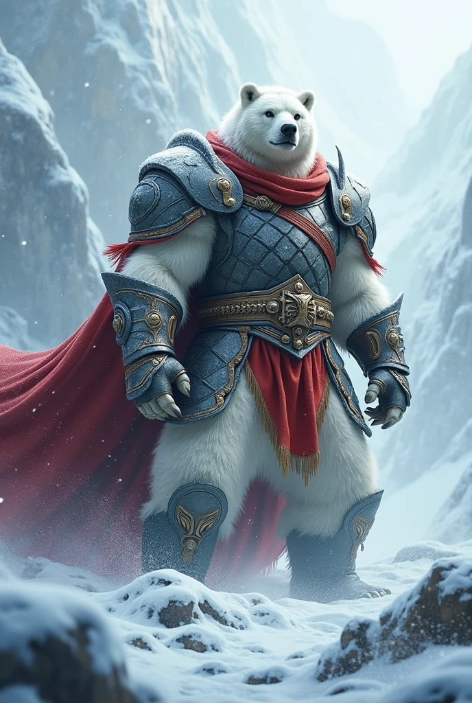 a picture of an an anthro white bear warrior, armed with an spear (intense details, Masterpiece, best quality: 1.5), wearing heavy armor (intense details, Masterpiece, best quality: 1.5), rich white fur, wearing  red cloak, billowing red cloak, arctic background, heavy snow (intense details, Masterpiece, best quality: 1.5), high details, best quality, 8k, [ultra detailed], masterpiece, best quality, (extremely detailed), ultra wide shot, photorealistic, RAW, 3D rendering, fantasy art, dnd art, fantasy art, realistic art, octane rendering, an ultra wide angle