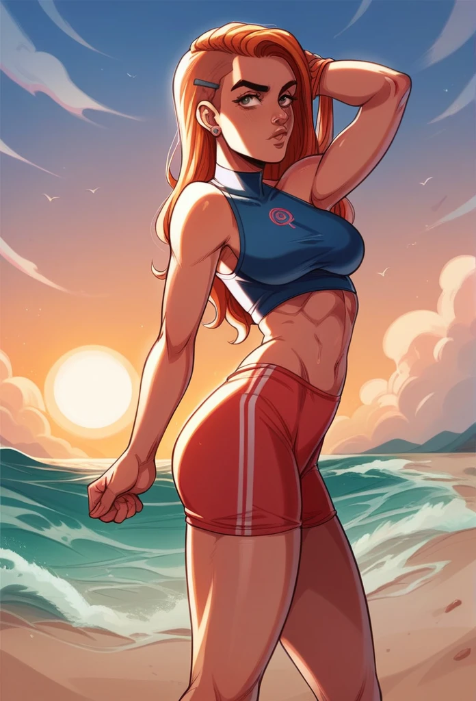 A vibrant sunset beach scene with Sophia Rodriguez performing a workout. She is wearing bright athletic wear, with the warm, golden light of the sunset illuminating her and the sandy beach. The ocean waves in the background add to the serene yet energetic atmosphere