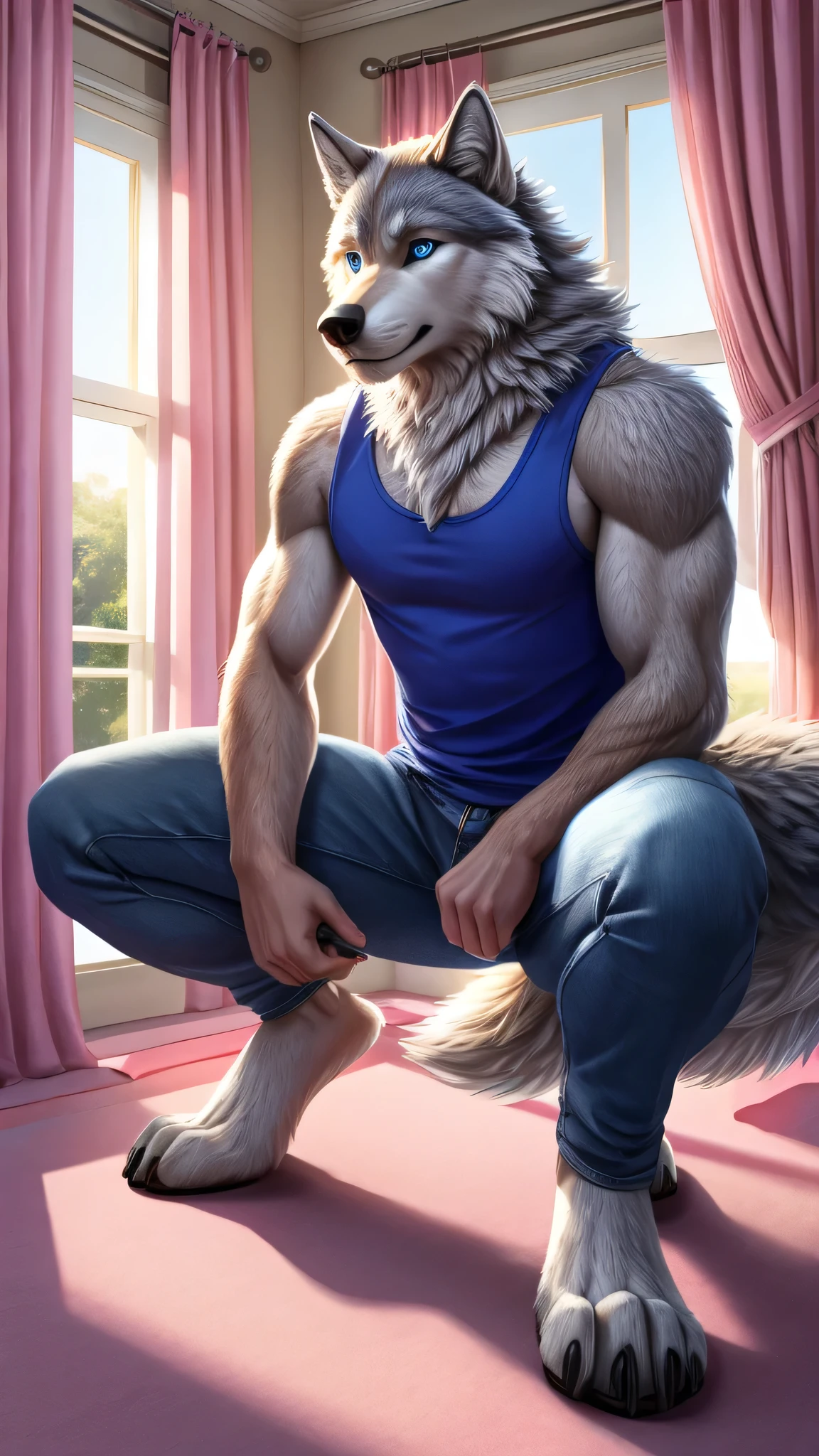 furry, male wolf, squatting posture, hairy blue eyes, jeans, sky blue tank top in a pink room, Windows, White curtains, open legs, fluffy Tail