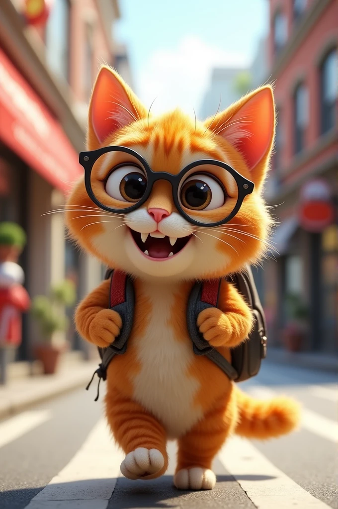 an image of a cat wearing glasses and carrying a backpack on the street with a, a cat is smiling, funny cat, smiling cat, cute 3 d render, the cat is smiling, realistic anime cat, cute cartoon character, cute cat, happy cat, cute! c4d, anthropomorphic cat, cute teeth, awesome cat, cute character, smileeeeeee, cute and funny, anime cat, a cute cat, cute cat photo, cute smile