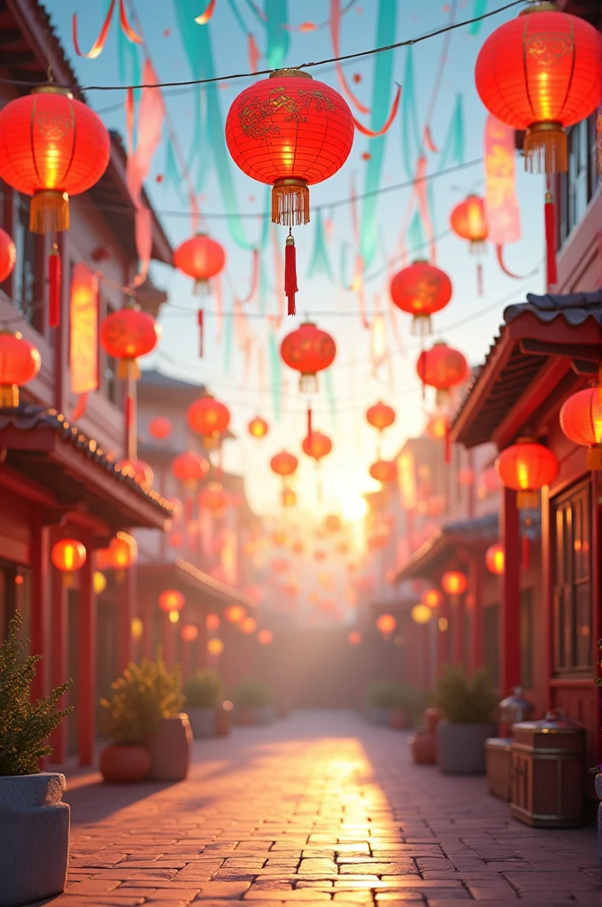 **A decorated area with lanterns and streamers.**