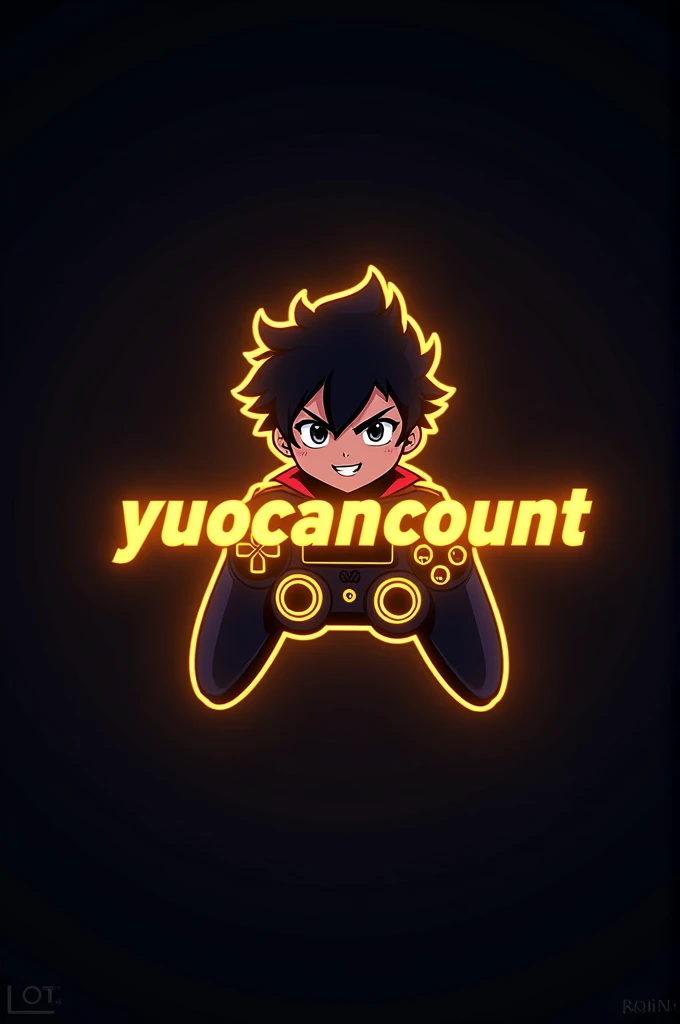 This is a gaming logo that features the name " YUOCANCOUNTONME " in a futuristic font and a neon Golden color. and Boy Anime avtar, The logo also has a stylized controller icon. The logo is designed to be attractive and eye-catching, and to appeal to gaming enthusiasts and