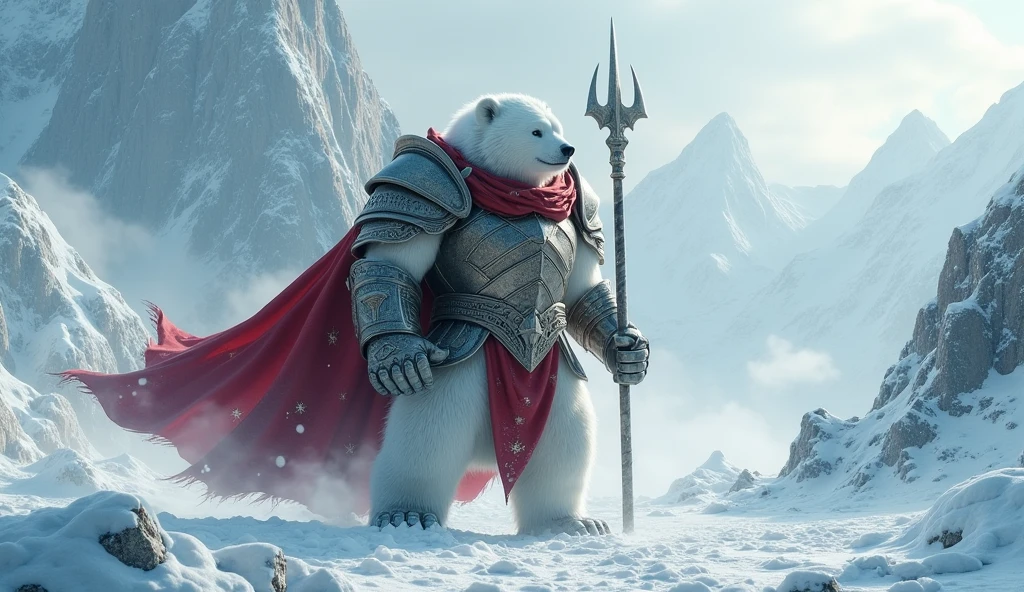 a picture of an an anthro white bear warrior, armed with an spear (intense details, Masterpiece, best quality: 1.5), wearing heavy armor (intense details, Masterpiece, best quality: 1.5), rich white fur, wearing red cloak, billowing red cloak, arctic background, heavy snow (intense details, Masterpiece, best quality: 1.5), high details, best quality, 8k, [ultra detailed], masterpiece, best quality, (extremely detailed), ultra wide shot, photorealistic, RAW, 3D rendering, fantasy art, dnd art, fantasy art, realistic art, octane rendering, an ultra wide angle