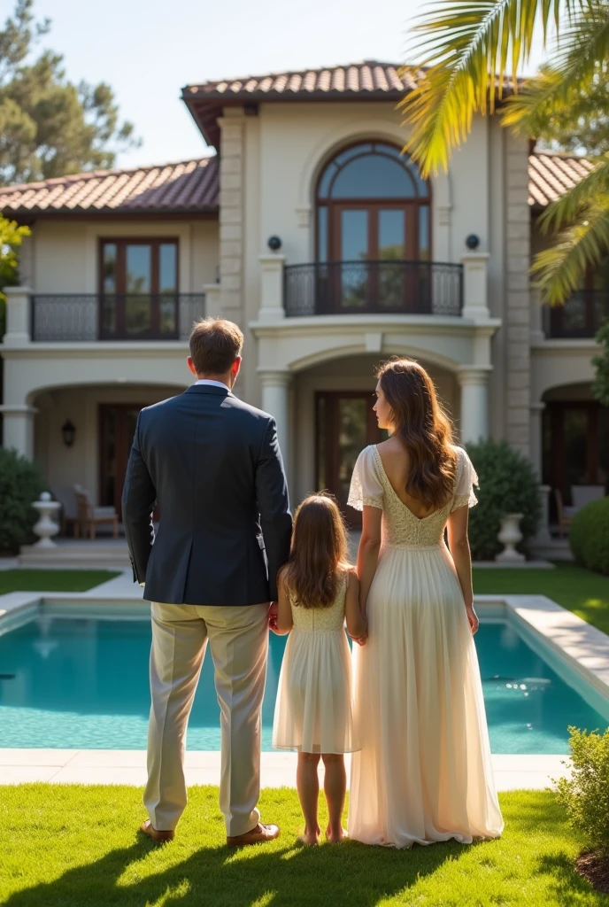 A married couple with two girls stand with their backs to the camera next to a luxurious two-story house with a swimming pool in sunny weather, full body