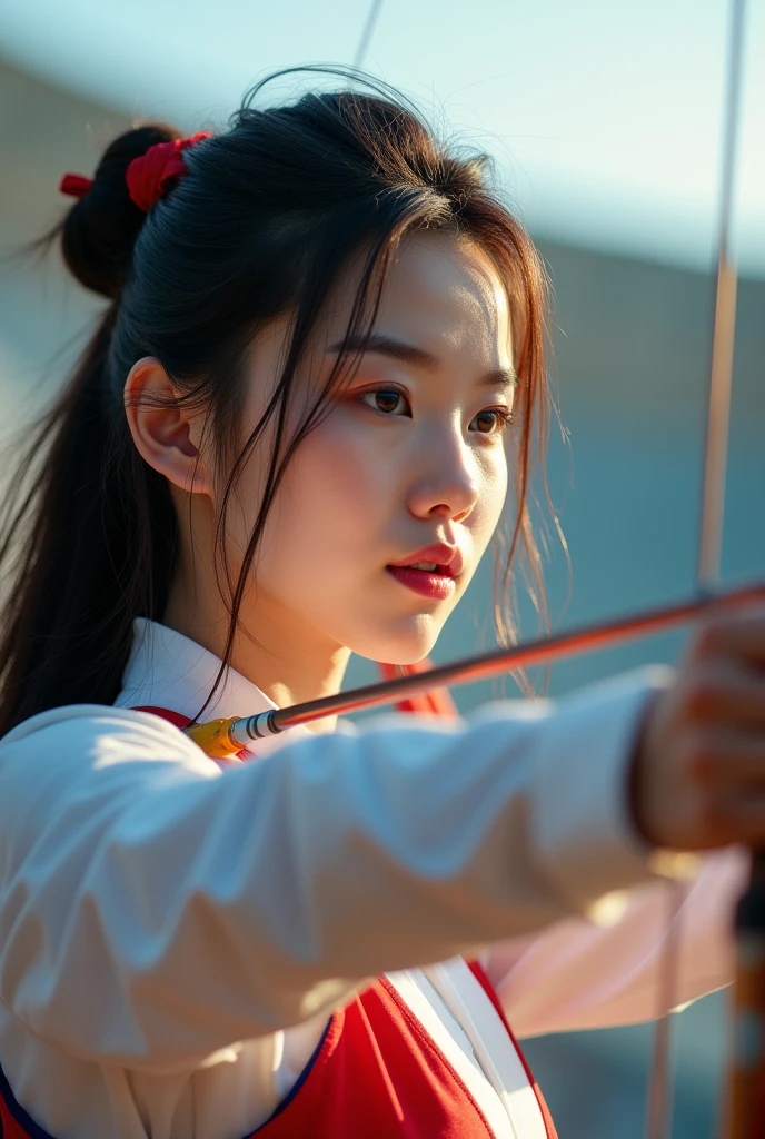 Women's archery at the Olympics,Korean team,1 beauty,Delicate facial features,cute,White skin,Long hair,full-body shot,Panoramic vistas,Wide-angle lens,Olympic Games venue,Professional equipment,Focus,Ten rings,Olympic competition background