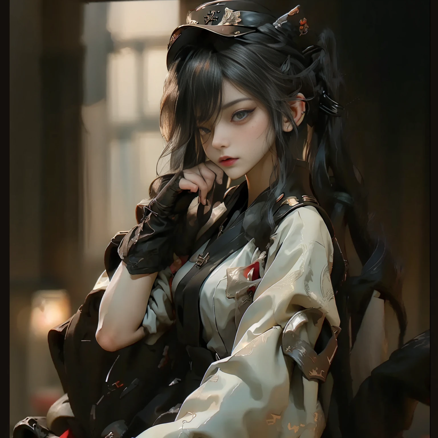 ((best quality)), ((Masterpiece)), (details:1.4), 3d, Image of a beautiful cyberpunk woman., HDR (high dynamic range), mature woman, เหมือนจริง, High ponytails, Red hair, Blue eyes, future police, PBR surface, After processing, Anisotropic filtration,depth of field, Maximum clarity and clarity, multi-layered surface, perfect proportions, 8K raw files, cyberpunk, at night, ผมหลายชั้น, red short skirt, natural lighting, soft lighting, sunlight, หน้าอกใหญ่, a woman wearing a black gothic style military uniform, black military hat with gold details, iron cross symbol on the military hat,