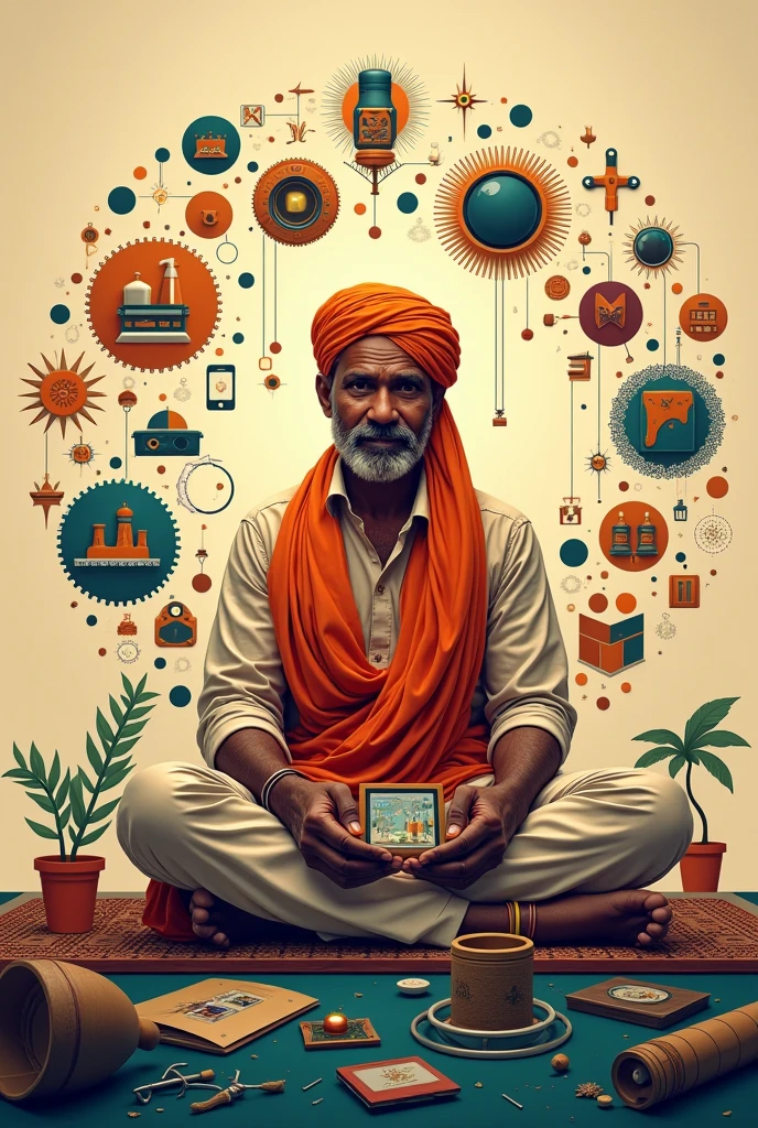 Generate a poster with Title: "Support Local, Build Global"
Visuals: A central image of a traditional Indian craftsman surrounded by modern technology, symbolizing the blend of tradition and innovation.
Slogan: "From Our Soil to the World – The Power of Atmanirbhar Bharat."
Graphics: Icons of small-scale industries, start-ups, and made-in-India products encircling the main image.