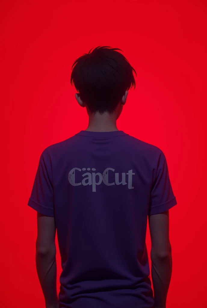 A man showing their back with red background and hidden face with
Violet colour t shirt with logo of capcut anime image