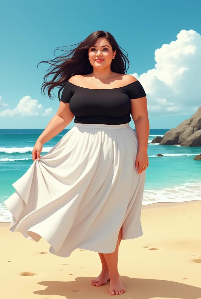 a 5’8 extra large girl wearing a 75 lenght beach type white skirt and a black off shoulder top

