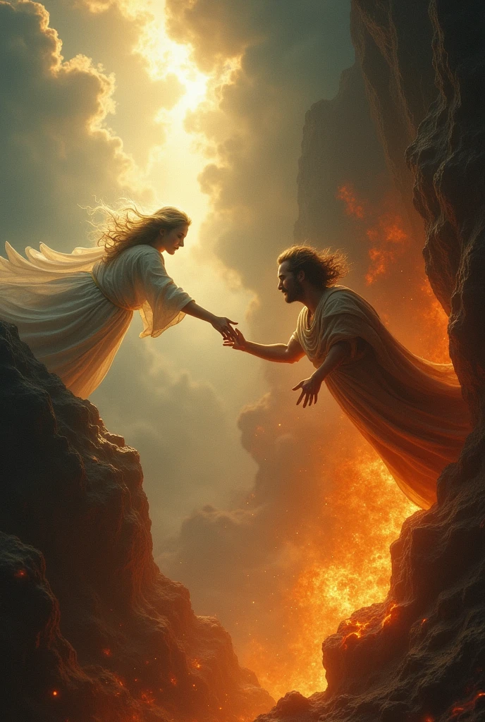 Someone in heaven stretching his hand to someone in hell fire for help
Both should hold hands 