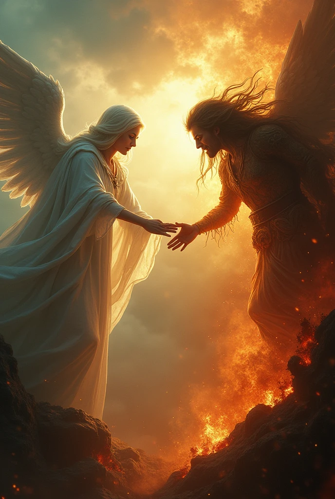 Someone in heaven stretching his hand to someone in hell fire for help
Both should hold hands