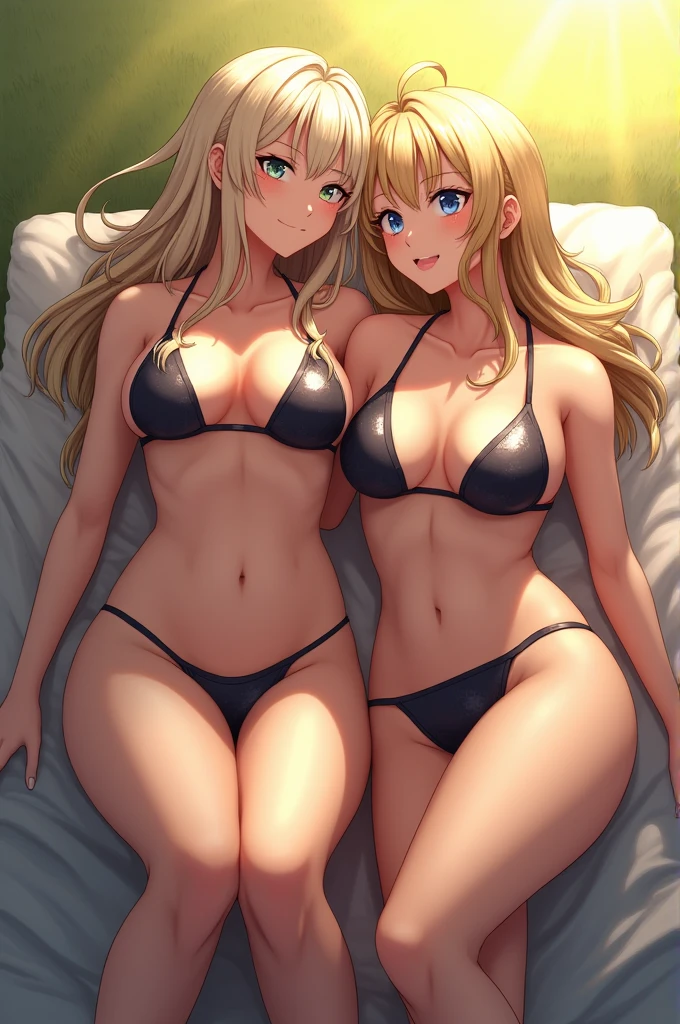 Two blonde Japanese teenagers, culonas, blue eyes,  busty, small belt, big hips, red lips on a bed in a bikini