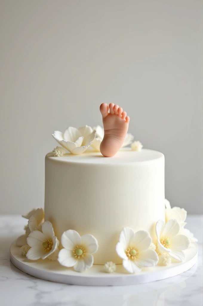 Single tier full off white cake with  foot in fondant and white cream flower in below