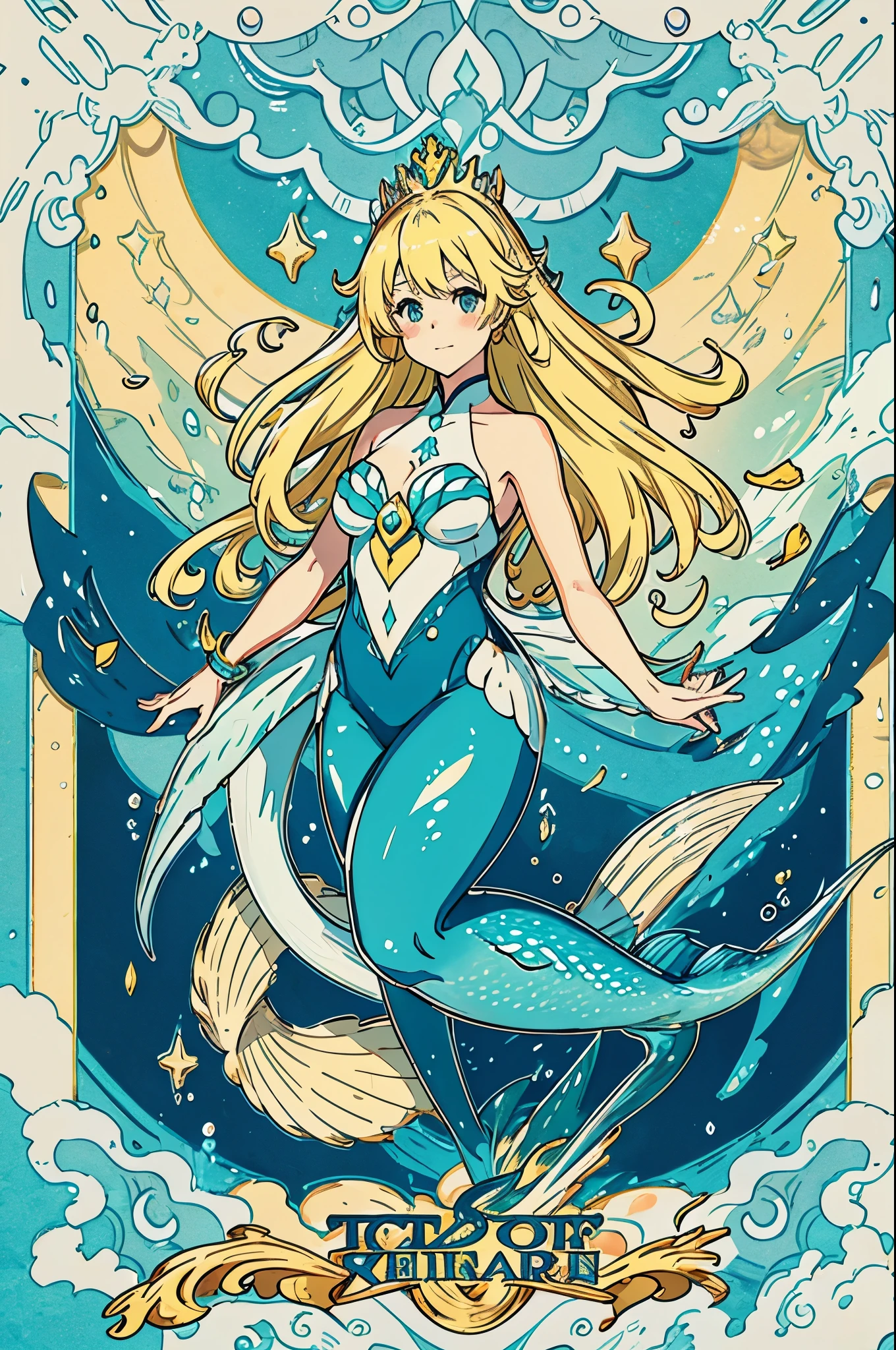 Mermaid，Mermaid，Mermaid女孩，Mermaid尾巴，blonde、Bodysuit style，Scale style，Underwater background，Underwater background，Undersea background，Coral shell background，Seawater background，yellowと緑的鳞片，yellow，end，身上长着end，Girl with fish tail，Blonde，yellowと黄緑の鱗，cute，cute，cute，Crown