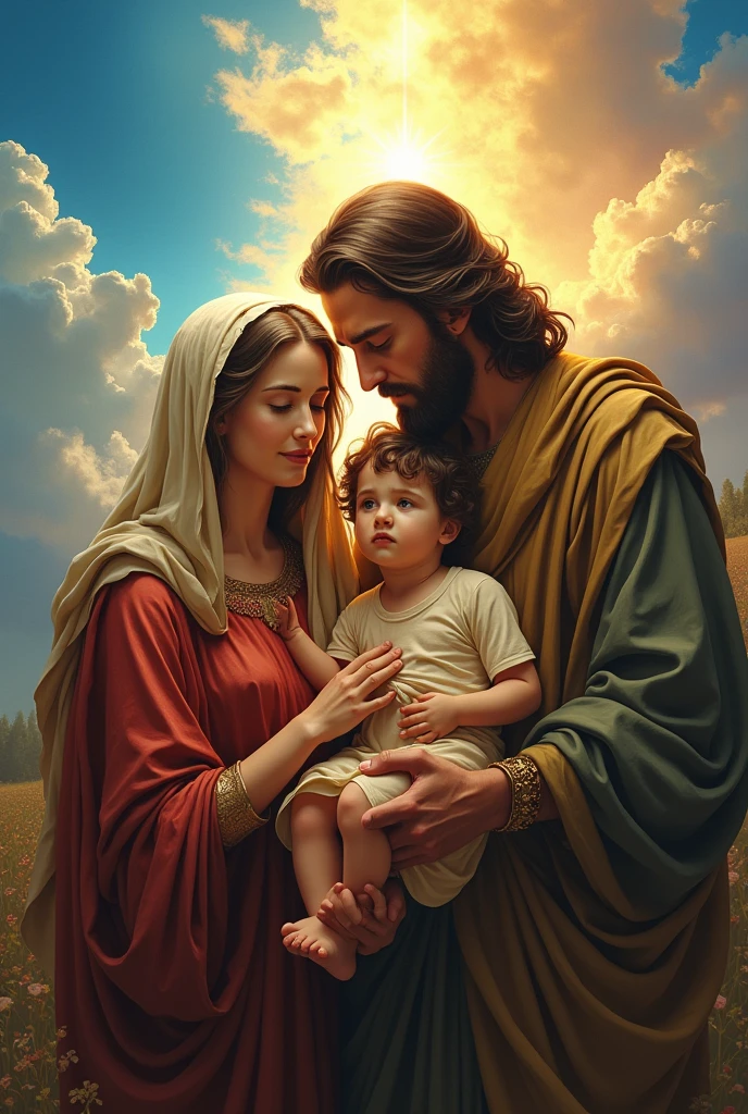 Jesus with mother mary amd father Joseph colourfull background with the in the top sky and the spirit under blessing them