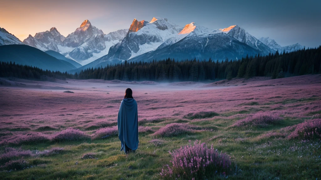 Show a solitary figure standing in the middle of a vast, mist-covered meadow. The figure is draped in a flowing cloak, with their back turned, gazing at distant, snow-capped mountains under a cloudy, twilight sky. The scene is quiet and contemplative, emphasizing solitude and introspection.