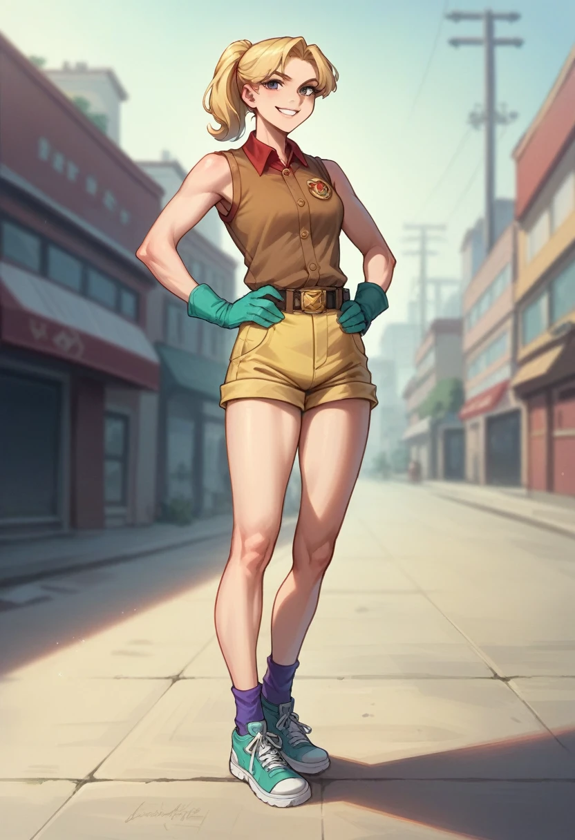 A cinematic portrait of a young European woman with blonde hair and a ponytail and wears a brown short-shorts, purple ankle socks with teal sneakers, a yellow T-shirt with a teal glove colored emblem under a purple long-sleeved collared shirt and sleeveless light-brown vest. Her belt buckle has a red communist star; magic ring on her left hand; smile; blurry background; professional shot; highly detailed; sharp focus; hands on hips; unreal engine; Soviet Union; photo-realistic; yellow cruiser
