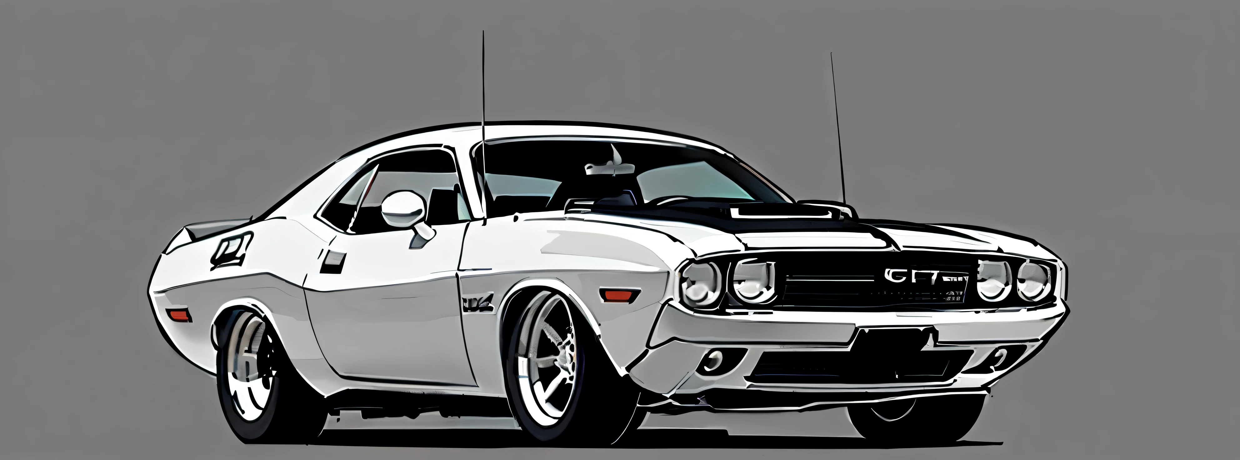 Cement Grey colored 1970 Dodge Challenger RT , pop art, cartoonish style , sketch, comic, detailed illustration, large chrome wheels, slammed to the ground, wide bodykit, masterpiece, highly detailed ((([simple  grey background])))


