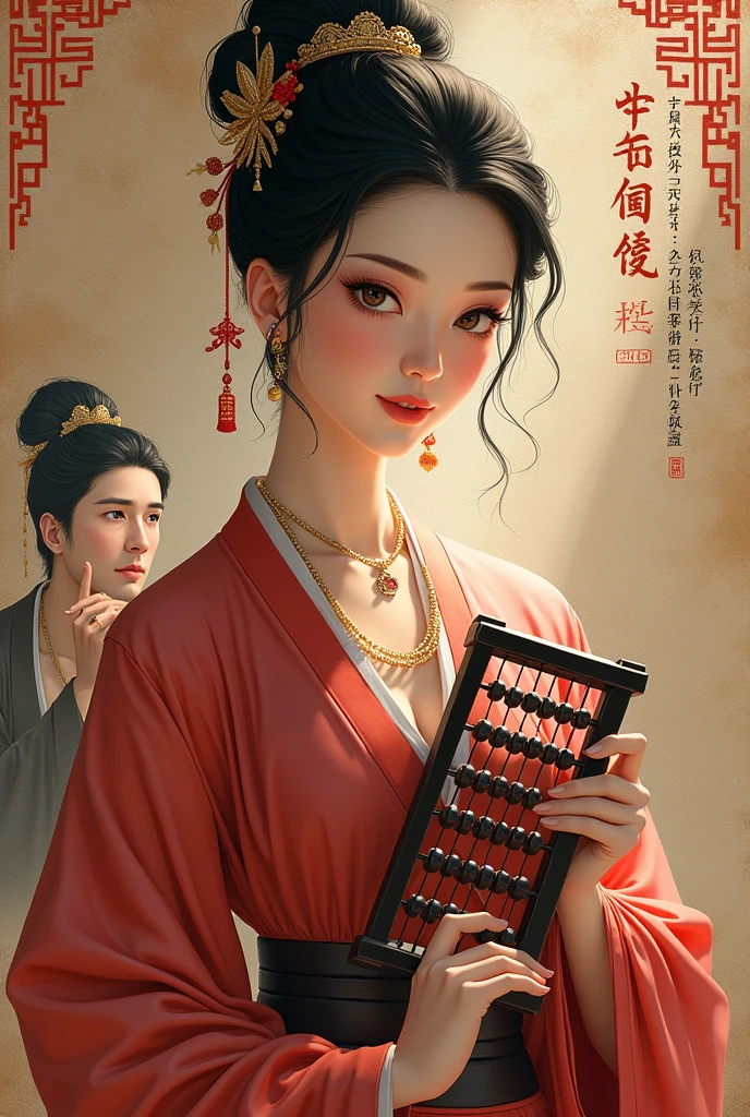 Drawing a portrait drawn on an iPad. A woman wearing an ancient Chinese costume, holding an abacus, a beautiful face, sharp eyes, a good figure, no need to draw too realistically. An ancient Chinese novel cover, there is a handsome man holding his chin.