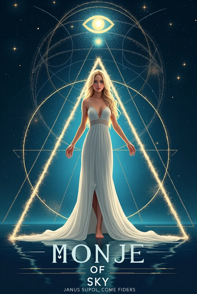 label for beer "MONJE OF SKY": central character: A beautiful blonde woman in an elegant dress, barefoot. Symbolic Element: The woman is located inside an equilateral triangle, that stands out in the design. bottom: A starry night sky, using light and soft colors. Mystical element: in the sky, There is a second smaller equilateral triangle with an eye in the center (in the style "All-seeing eye").