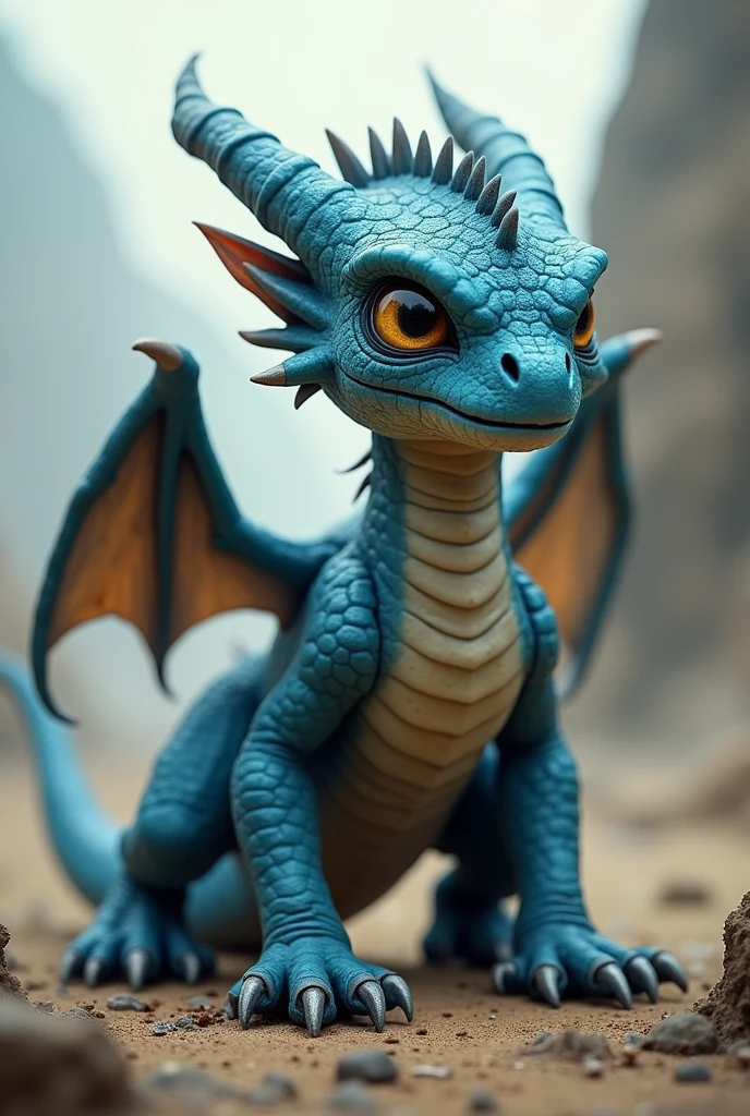 Make a baby dragon, cerulean, with four legs, a damaged wing. Don't be cute