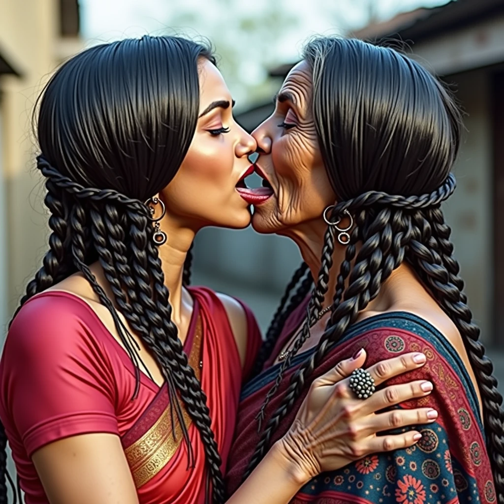 In indian home,2 younger indian lady & 60 yeras old eldery indian lady,total two indian ladies are involving wild kissing,these two ladies wears petticoat and home maded bras with cloths as per image prompt,both of them are kissing each other by raided up their one hand and exposing armpits,These both ladies having super long armpit hairs like rapunzel hairs,As per elderity eldery lady having gray and black mixed armpit hairs since younger having fine black color rapunzel armpit hairs comes from armpit,These super long rapunzel armpit hairs are meticulaiursly braided in to cornror braids like multiple cornrow braids are there in armpits,Since younger the younger lady having huge breast tightend to her home made bra and eldery lady having eldery sagging breasts,however these super breast can be highly visible poppong out from their home made cloth bras,These all three ladies' faces are with showing full of sexual wildness showing out from their faces exact as in image prompt,Their eyes are fullfill with sexual wildness with raping hairs as per the imahe prompt,(Show me their tongues,long tongues:1.0) styled with 100000 liters hair oil,hairs like viscus oiled pulp,slick combed hair lines highly visible,{{{{Ladies wears perfect dresses in perfectt busty}}}},{{{{{NSFW}}}}},{{{{{{Hairs highly soaked}}}}}},{{{Hairs Drenched in water}}}}},{{{slick combed hair lines}}}},{{{{Hairlines reflecting shinning like mirrors with water}},{{{{{Showcase full bodies perfect figures}}}}},{{{{{High resolution perfecr color grading}}}}}},{{{Perfect hair buns on all three ladies exactly in image prompt}}}}}}},((((((((Generate ethnicity as imdian sexy build ladies))))))))),((((((Generate wildness poses where shows the wildness maturity of the sexually wildness and extremly extremly wildness in to hair licking by their tongues exatly as image prompt))))