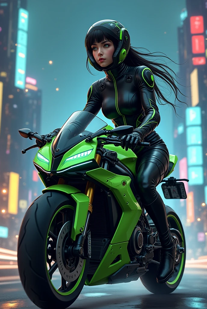 Maximum image quality, outstanding details, ultra high resolution, (Realism: 1.4), the best illustration, favor details, 1 very condensed girl, with a delicate and beautiful face, dressed in a black and green wick, wearing a mecha helmet, holding a directional controller, ride a motorcycle, The background is a high-tech lighting scene of the future city where you can see her tits and she has a big butt.