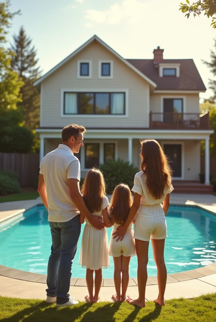 A married couple with 2 girls stand with their backs to the camera next to a luxurious two-story house with a swimming pool in sunny weather, full body