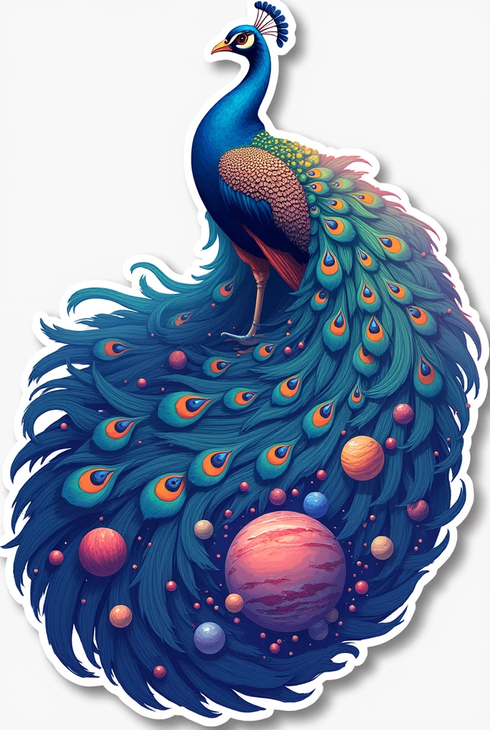 peacock with defferent colour tail in that show some planets like fog anime sticker