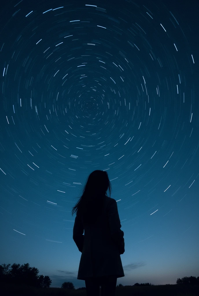 long exposure starry sky with many circular orbits, focus at stars,silhouette of a young woman with long hair with her hands in her coat pockets looking up at it,golden ratio