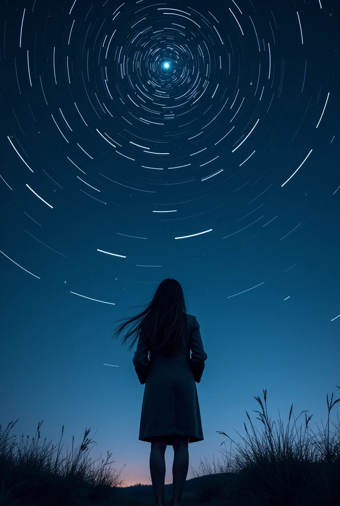 long exposure starry sky with many circular orbits, focus at stars,silhouette of a young woman with long hair with her hands in her coat pockets looking up at it,golden ratio