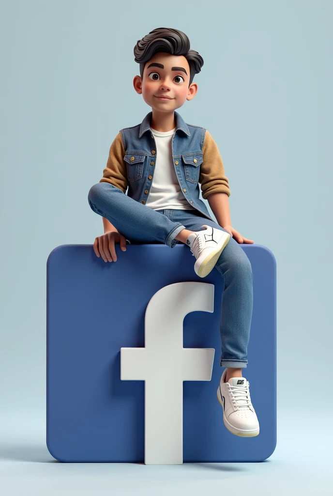 créez une illustration 3D d'un personnage aimée Assis de manière décontracté au-dessus d'un logo de media social « Facebook » le personnage doit porter des vêtements moderne et décontracté qu'une veste en jean et des chaussures de sport Nike air de couleur blanche l'arrière-plan de l'image est une page de profil de media social avec un nom d'utilisateur “ Raoul Kerson/ 24k abonné" et une photo de profil qui correspond,