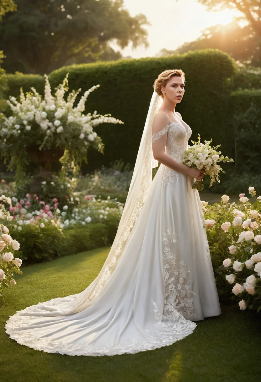 A highly detailed, photorealistic full-body image of Scarlett Johansson in an exquisite, flowing white wedding dress with intricate lace details and a long, delicate veil. She stands gracefully in an outdoor setting, surrounded by a beautifully manicured garden with blooming flowers, lush greenery, and a softly glowing sunset in the background. The scene is serene and romantic, with soft light reflecting off the dress, enhancing her natural beauty and the elegance of the moment."