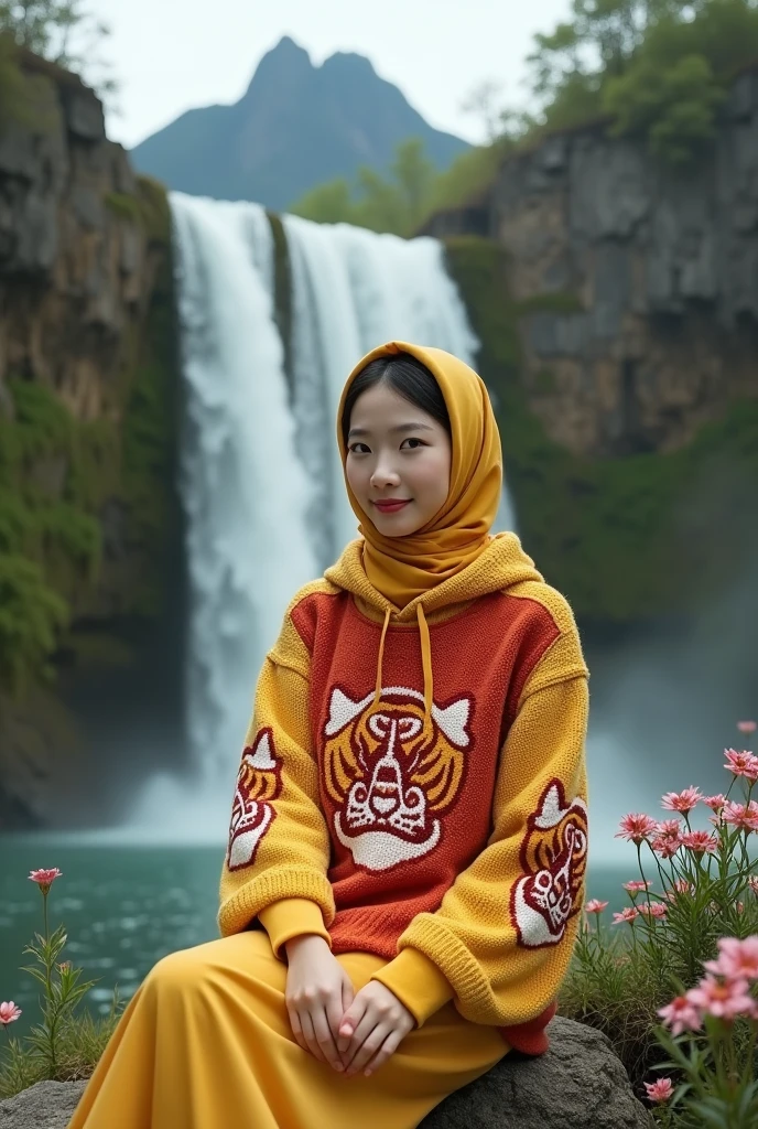 Beautiful Korean girl with smooth white skin, well-groomed face, thin smile, yellow and red knit hoodie decorated with a large tiger motif, yellow and red hijab, long trousers with lots of left and right pockets, sitting on a rock in front of a waterfall, there are small flowers in it. grows beautifully, overlooking the water. plunge. waterfall. waterfall. The background is mountains, left and right cliffs filled with green moss and blooming flowers. beautiful, original photo, realistic