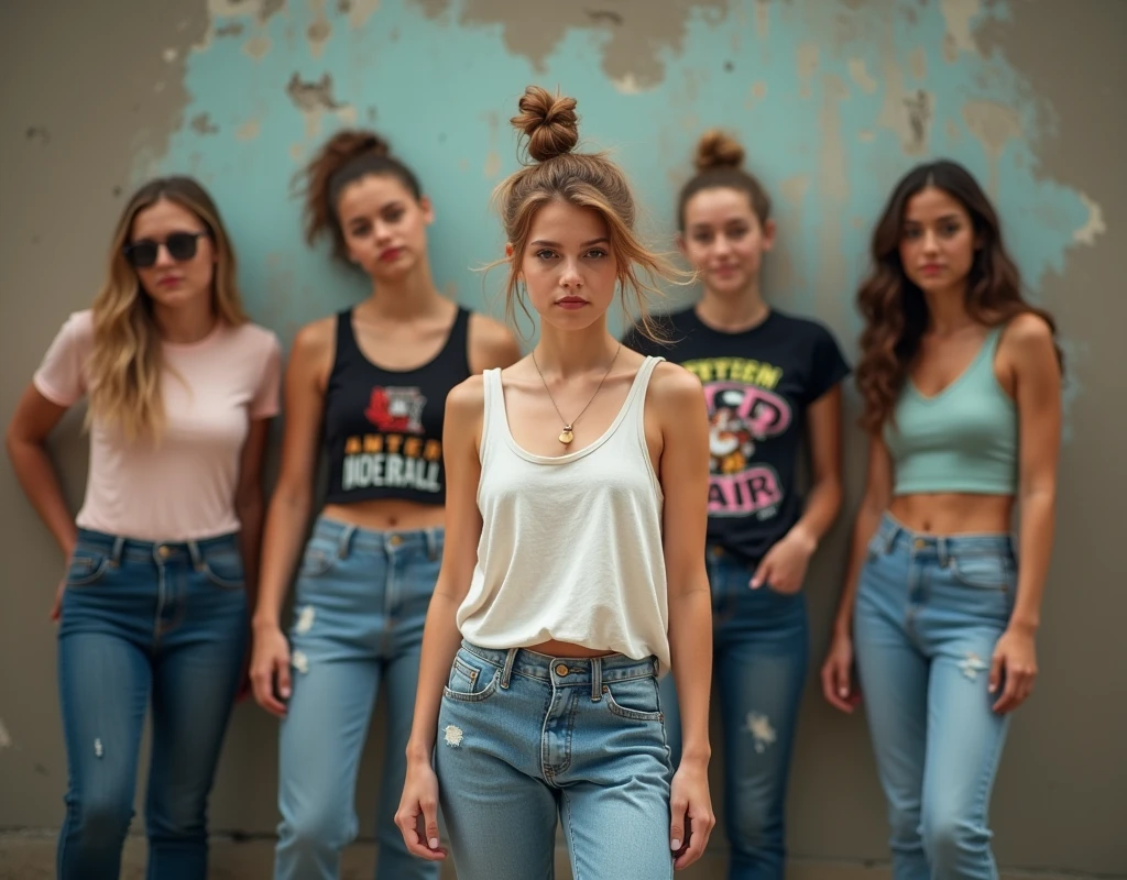 Photo of a age girl in skater fashion and her male and female friends. Everyone is wearing a tank top
