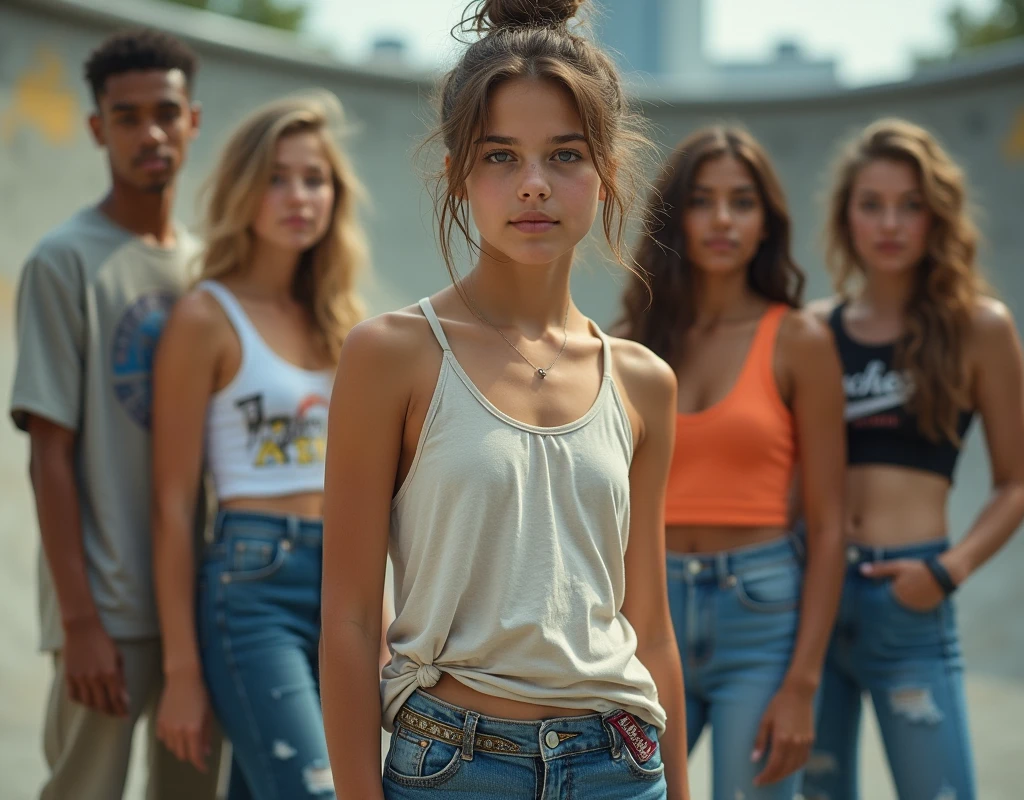 Photo of a girl in skater fashion and her male and female friends. Everyone is wearing a tank top