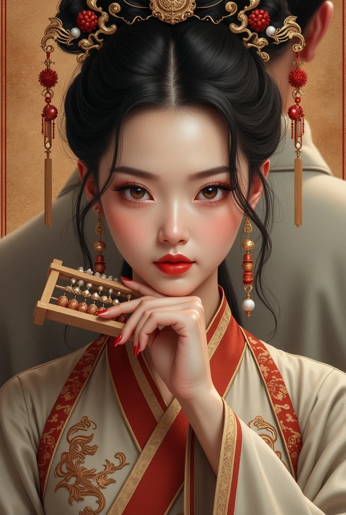 Drawing a portrait drawn on an iPad. A woman wearing an ancient Chinese costume, holding an abacus, a beautiful, sly face, sharp eyes, a good figure, no need to draw too realistically. An ancient Chinese novel cover, there is a handsome man, lifting the woman's chin.