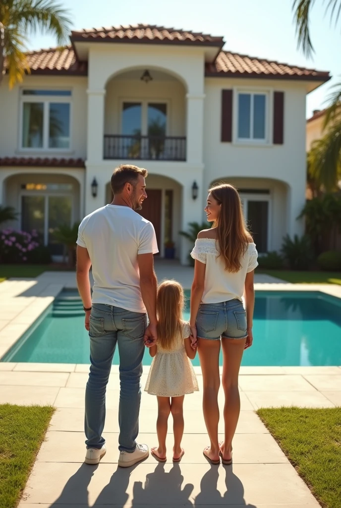 A married couple with 2 girls stand with their backs to the camera next to a luxurious two-story house with a swimming pool in sunny weather, full body