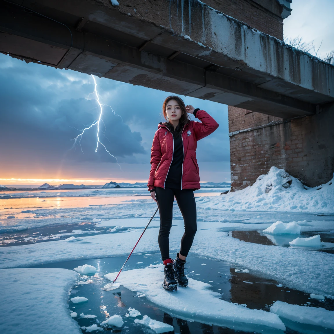 ((Top Quality)), ((Masterpiece)), ((Details)), upper body, ((close-up: 1.1)), More Saturation, strong reflections, bright shade, Place the girl in the foreground at large, 
Ice - Ruins - Lightning - Girl, 
A desolate, icy landscape with ruins scattered across the terrain. A young girl stands alone, her figure small against the vast backdrop, as a powerful lightning bolt strikes the ground, illuminating the scene with a cold, electric light.