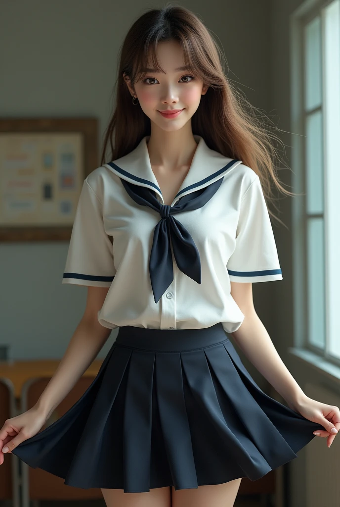 (Photorealism) Woman between 18 and 20 years old in student clothing lifting her skirt 