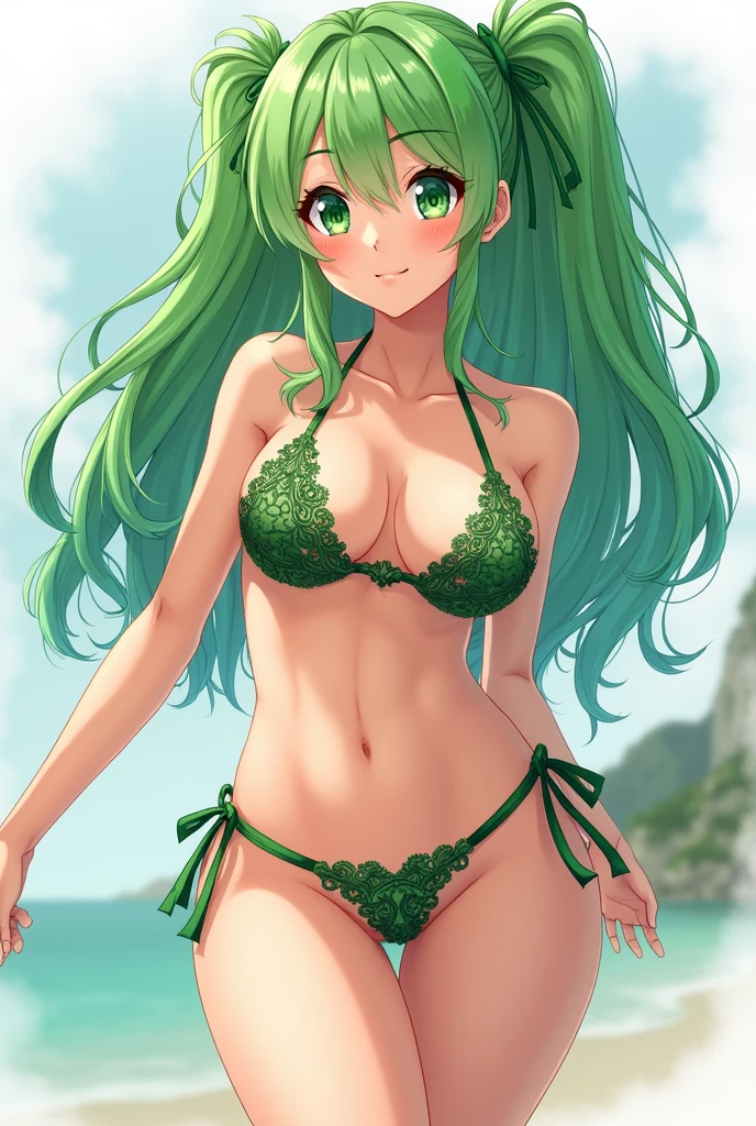 Anime style girl with green hair, and big thighs, using vikini