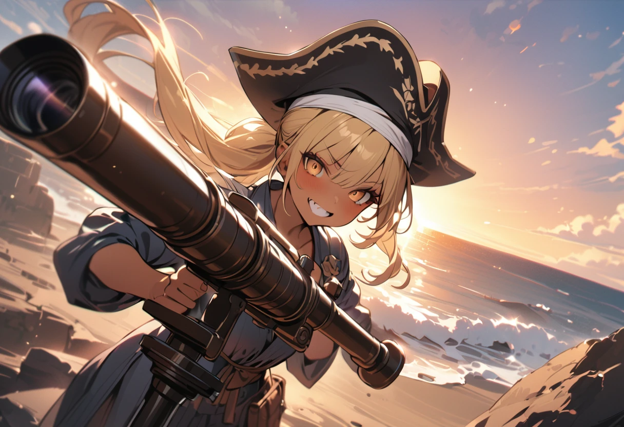 (masterpiece, best quality:1.5), (high resolution 8K), detailed eyes and face, detailed body,
BREAK 1 girl, japanese girl, longhair, ponytail, blonde hair, blonde eyes, wave hair, (mascara:1.2), (tan skin, dark skin:1.2), double teeth, fang, (piercing:1.2), medium breasts,
BREAK Young girl with an excited expression, looking through a telescope
BREAK
Wearing a pirate hat, holding an antique treasure map
BREAK
Standing on a cliff overlooking the sea, golden sunset, billowing clouds
BREAK
Cinematic wide-angle shot, highly detailed, 8k resolution