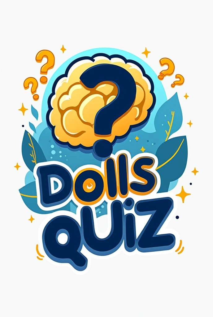 Create a modern and attractive logo for a YouTube channel dedicated to quizzes and trivia. The design should include representative elements such as a question mark., A stylized brain, a light bulb or questionnaire icons (For example, circles with letters or numbers). Use a palette of vibrant and energetic colors, like shades of blue, yellow and white, to transmit dynamism and knowledge. The style should be clean, friendly and easily recognizable, adaptable to different sizes and platforms. Include the channel name in a clear and striking font that complements the graphic elements and reflects fun., Intellectual challenge and enthusiasm for learning. My channel name is called Dolls Quiz.