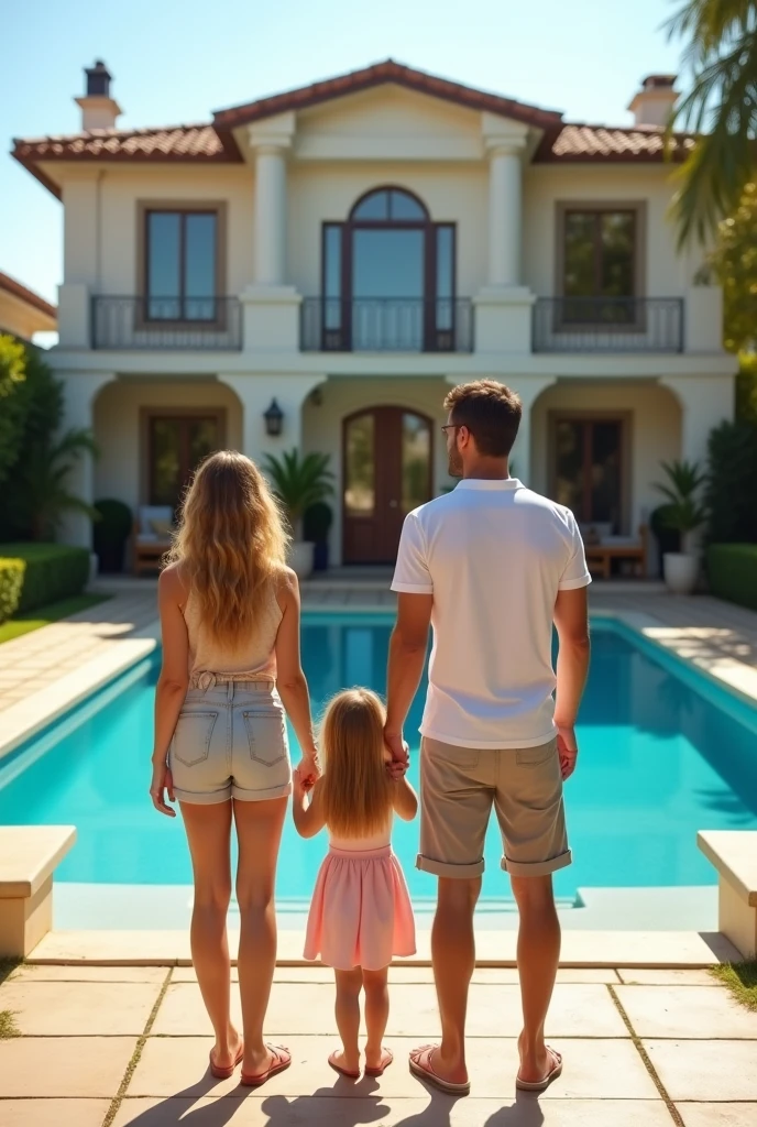 A married couple with 2 girls stand with their backs to the camera next to a luxurious two-story house with a swimming pool in sunny weather, full body