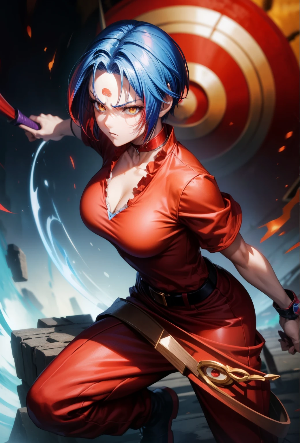 anime style, full body female character, (((Red clothes))), (((blue hair))), short hair, purple choker, (((yellow eyes))), red maid uniform, samurai, detailed, 8K, high quality, emotional effects, anime style, angry face