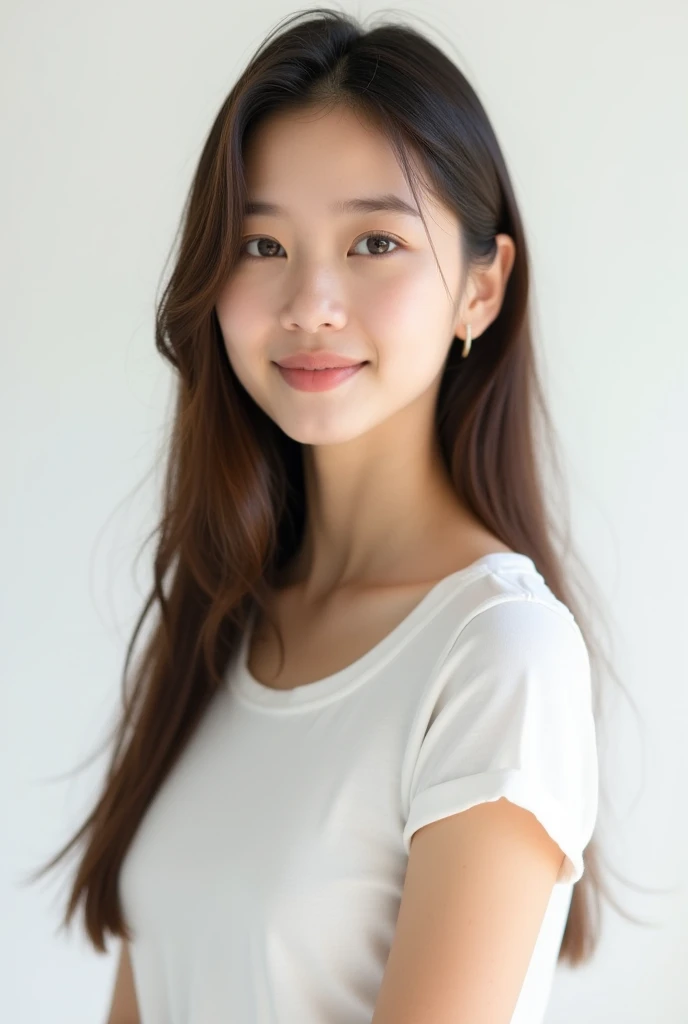 軽めのLayer Styles、human、Transparent woman、young、White T-shirt、Reduces neck volume、Fair-skinned pretty woman、No blunt ends、Layer Styles、Gourd Shape、Body is at an angle、looking at the camera、Tilt your head、Hair that does not curl and reaches below the collarbone、Brown color、Outline of an inverted triangle、Big eyes、Smile a little、Straight hair、high resolution、Classy woman、Pull your chin in