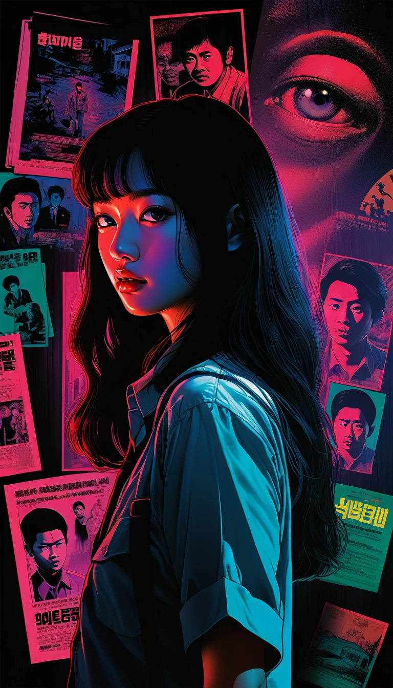 An illustration、art、80s Thai horror movie poster, Supervised by Junji Ito、(high :1.0)、office、Attention to detail, Realistic Shadows、Analog Style, chromatic aberration, Surrealism、Complementary Gradient